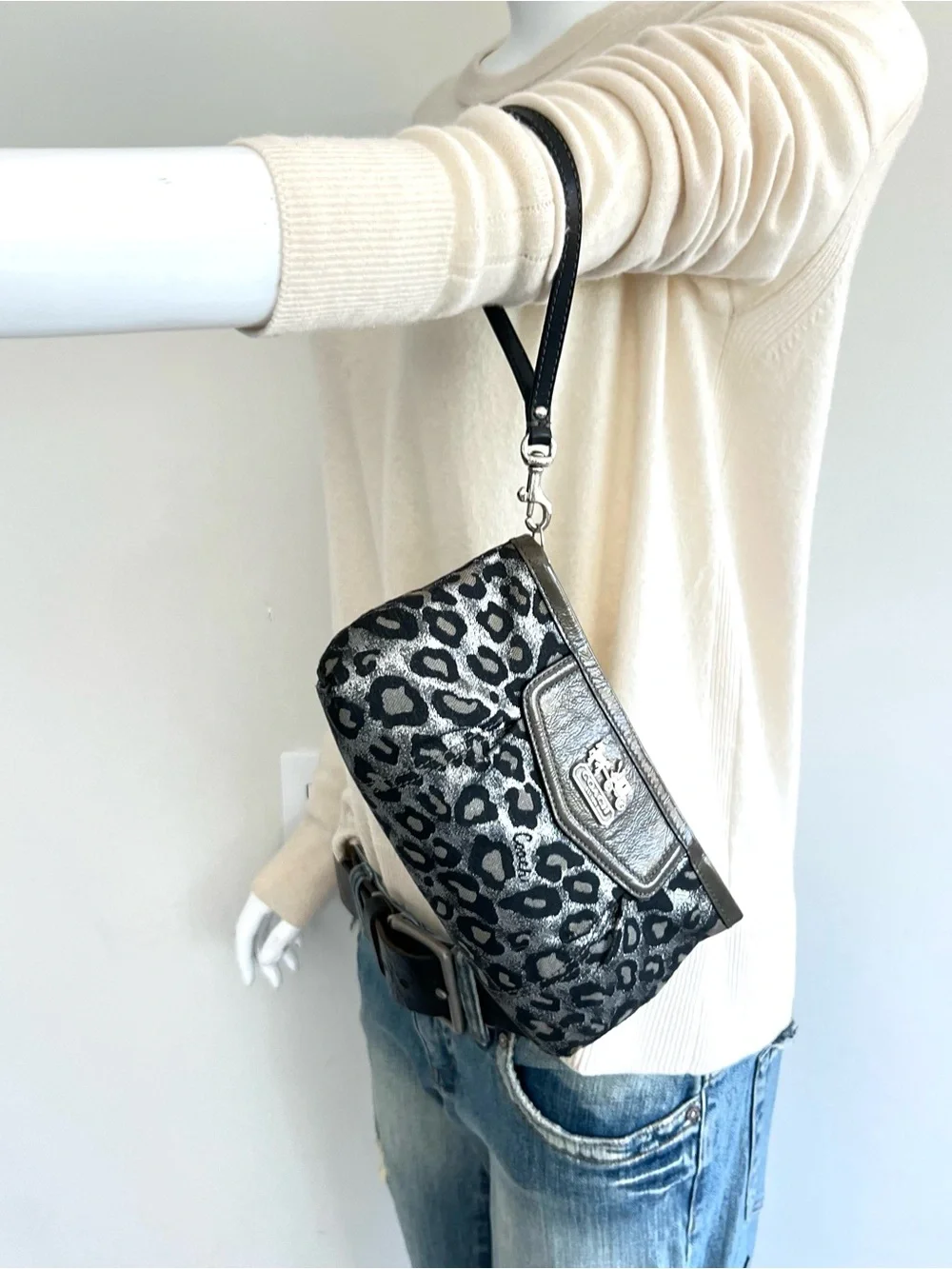 COACH Taupe Patent Leather Black Silver Leopard Print Zipper Clutch Wristlet